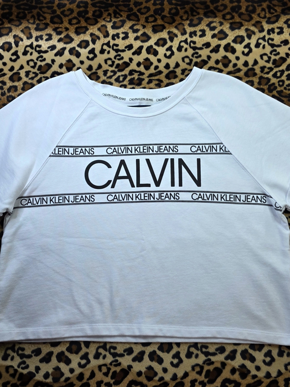 Calvin Klein Jeans White Tee with Black Logo Stripes-Size XL